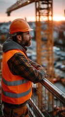 Confident caucasian male construction worker with beard wearing orange hard hat and safety vest overlooking building site at sunset, standing by railing with tower crane in background, construction