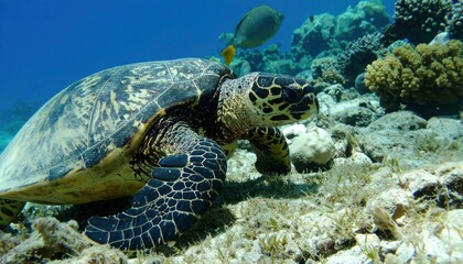 Obraz premium Majestic hawksbill turtle exploring coral reefs in crystal clear waters