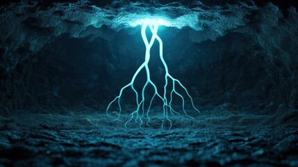 Glowing blue roots extend from the ceiling of a dark cave, creating a mystical and otherworldly underground scene.
