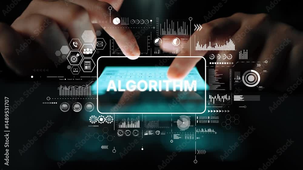 Poster Hands Touching Digital Screen with Algorithm Text Surrounded by Data Visualization and Graphs for Technology Concept. Asymptotic smart data analytic.