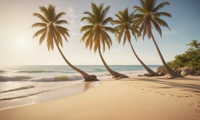 Obraz premium Sun-drenched palm trees lean over pristine, vintage-toned sand; ocean waves gently lap the shore , retro, green, grain