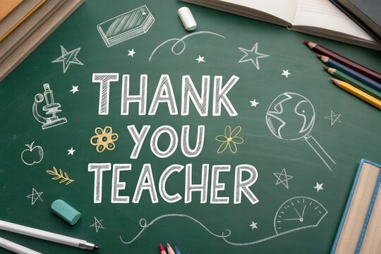 Thank you teacher message on chalkboard with school supply drawings