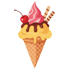 Strawberry flavored ice cream cone with chocolate drizzle isolated vector illustration on white background