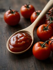 A spoon with ketchup and tomatoes.