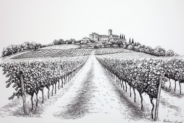 Vineyard vista.  A picturesque ink drawing of a vineyard