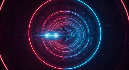 Obraz premium Futuristic Vehicle Flying Through Colorful Neon Tunnel at High Speed