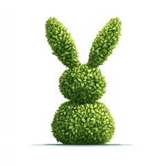 A topiary rabbit, crafted from lush green leaves, stands against a stark white backdrop. Its form is simple yet charming