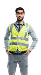 Fototapeta premium Construction Worker Portrait: A confident construction worker with a friendly smile, stands against a background wearing a safety vest, with a serious and determined look.