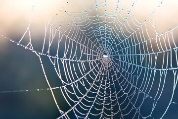 Fototapeta premium Delicate spider web adorned with glistening dew drops.