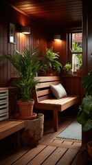 Cozy wooden sauna room interior with wooden bench, cushion, potted plants and warm lighting creating relaxing home spa atmosphere with natural elements