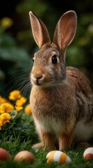 Fototapeta premium Alert brown wild rabbit with upright ears sitting among yellow flowers and Easter eggs in spring garden setting with natural blurred background