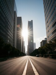 A straight city street with tall buildings on either side.
