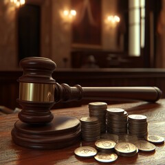 The judge's hammer in the courtroom and coins, a financial issue
