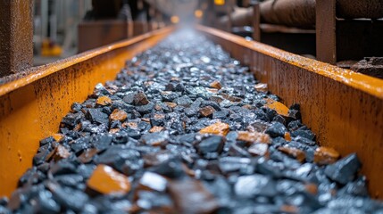 Fototapeta premium Close-up view of coal on a railway track in an industrial setting with blurred background