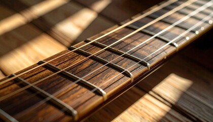 Guitar Fretboard Close-Up with Shadows Highlighting Wood Grain and Strings