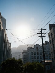 A sun in between building and trees.