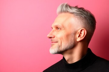 Fototapeta premium Concept artwork creative design of style for aging men. A stylish and glowing male with a relaxed aura. Classy men's wavy bob haircut - midlife white man with grey hair. Pink solid background.