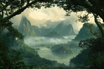 Lush rainforest canopy overlooking a misty mountain lake