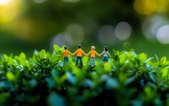 Colorful toy figures grasping each other's hands, symbolizing unity and collaboration.