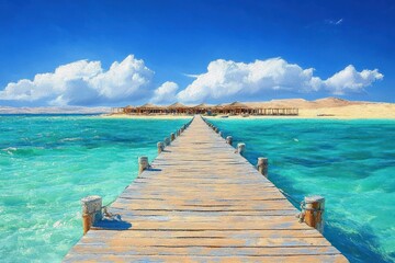 Fototapeta premium Wooden pier leading over turquoise ocean waters toward a sandy beach with shaded cabanas under a bright blue sky with fluffy white clouds