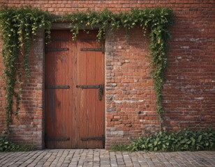 Weathered red brick wall, antique wooden door, climbing vines , vine, rustic