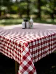 A table set up for a family picnic. The focus is on the checkered pattern of the table cloth as everything else remains blurred out in this photo.