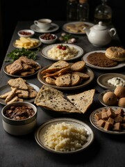 A table topped with different plates of food.