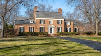 Obraz premium Classic brick house exterior sunny day green lawn real estate