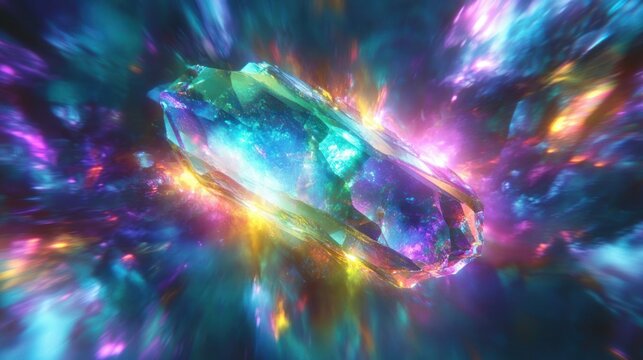 vibrant multicolored glowing crystal emitting radiant light beams in a dynamic cosmic background