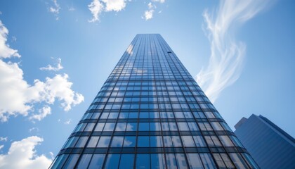 Fototapeta premium the bottom up view of the reflective skyscraper building reveals a sleek and modern design, with layers of glass windows reflecting the surrounding cityscape.