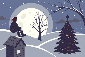 Fototapeta premium 100 winter night landscape, chimney with person sitting on top, starry night sky, full moon, christmas tree, magical, cinematic, fantasy, digital art