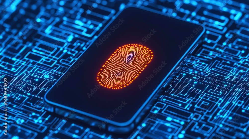 Poster smartphone displaying a fingerprint on a digital circuit background.