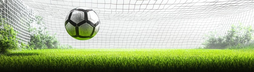 Black and white soccer ball hitting the net of a goal on a green grass field with blurred bushes in the background under a bright sky