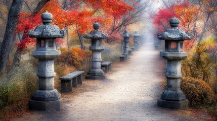 Pathway through a japanese garden with stone lanterns and colorful autumn foliage