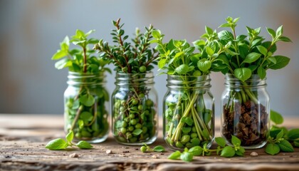 sprigs of fresh herbs such as basil, rosemary, and mint are arranged in rustic mason jars on a wooden table, offering both visual appeal and aromatic delights.