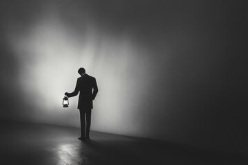 Obraz premium Silhouette of a person holding a lantern illuminating a dark surrounding wall, evoking mystery and solitude