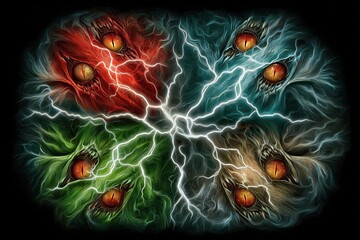 Colorful Abstract Eyes with Lightning Bolts and Swirling Energy Design