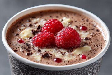Cups of milk chocolate and raspberry ice cream with berries and copy space.