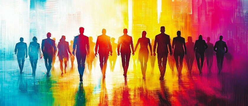 Futuristic abstract art depicting diverse business professionals in collaboration.