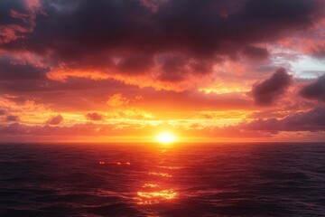 Obraz premium Dramatic sunset over the ocean with vibrant orange and purple clouds reflecting on calm water, creating a peaceful and awe-inspiring atmosphere