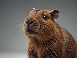 Close up of a capybara with brown fur and whiskers against a plain background. The animal is looking to the side, capturing its facial details and fur texture.