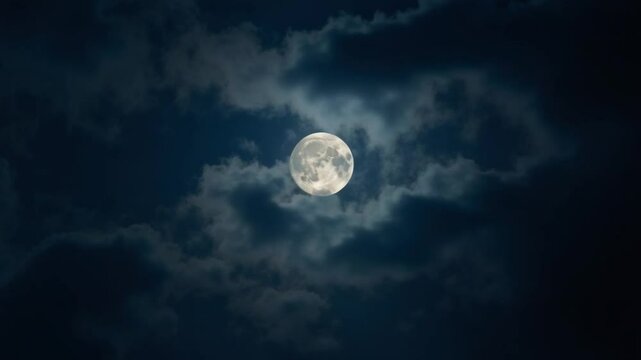 The Full Moon creates a dramatic and mysterious atmosphere under clouds in the night sky