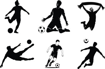 Dynamic Soccer Player Silhouette, Action Kick Pose Vector. Football Silhouette Collection, Kicks, Goals & Dribbles, Soccer Match, trikers, Goalkeepers & Fans, Retro Soccer, Running, Passing & Shooting