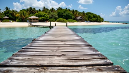 the dock on the tropical island is made of weathered wood, with planks worn smooth by years of use and exposure to sea spray and sun.