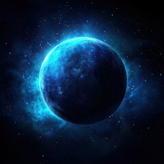 Obraz premium Mystical Blue Planet Surrounded by Cosmic Nebula in Dark Space