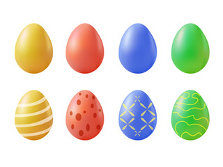Colored Easter Eggs with different texture. Easter egg set. Colorful eggs icon collection. Easter concept. 3D rendering isolated on white background