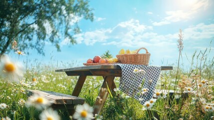 Picnic scene with fruit basket on wooden table in sunny summer day