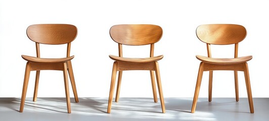 Three modern wooden chairs with curved backrests and smooth seats arranged in a row casting soft shadows on a light surface against a white background