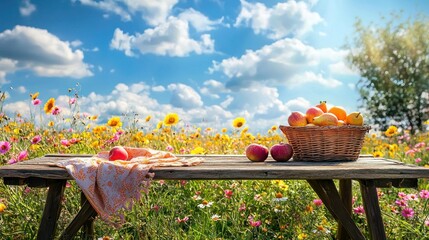 Picnic scene with fruit basket wooden table flowers and sunny sky background