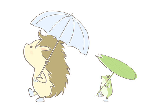 傘をさすカエルとハリネズミのイラスト